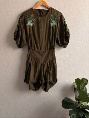 Olive Green Embroidered Romper ZARA M